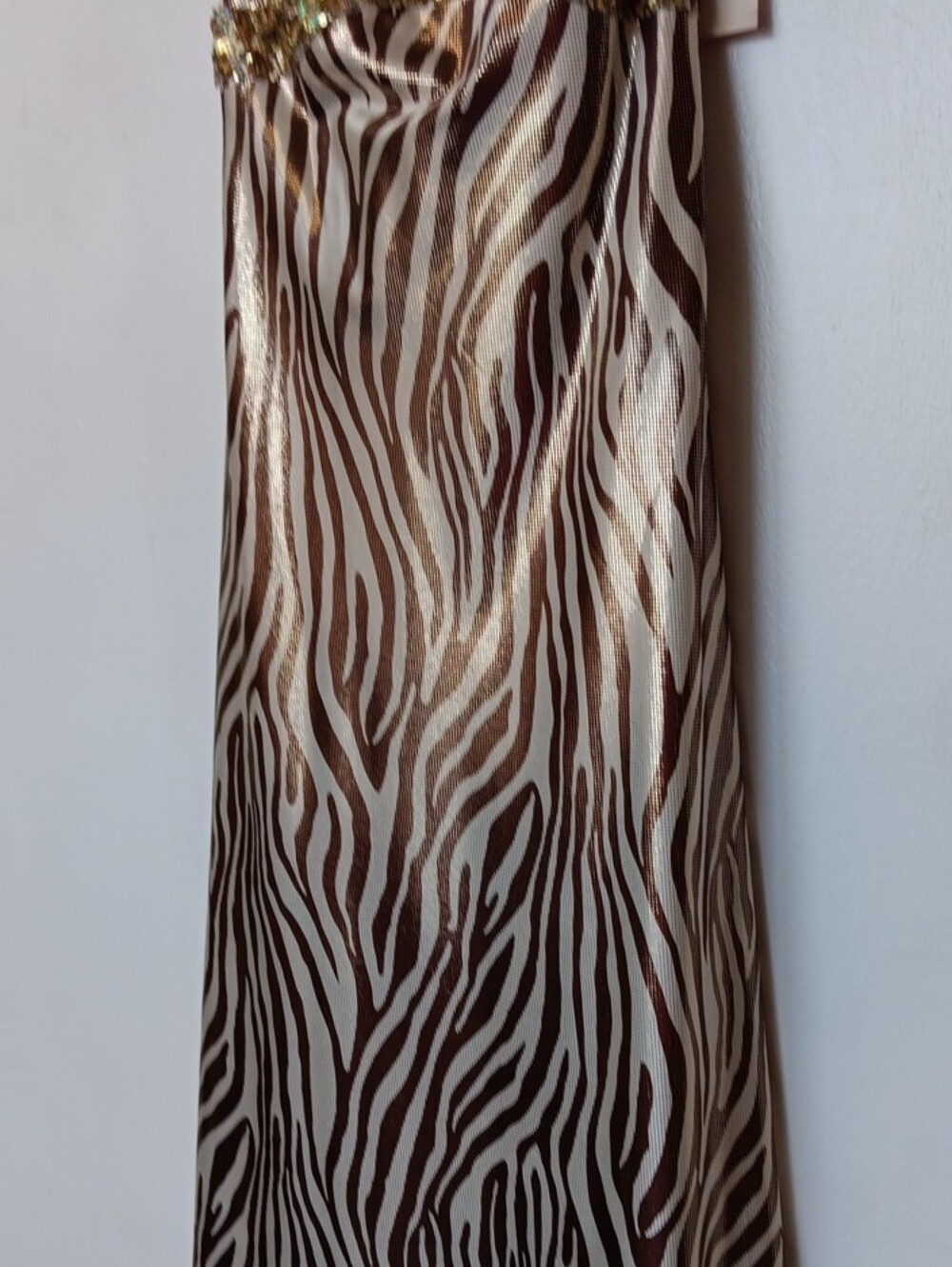 Vintage La Femme Gold and Brown Zebra-Print Maxi Dress with Embellished Waist - Picture 8 of 16